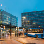 Canva Helsinki Finland. Bus Is At Stop On Helsinki Railway Square. Square Serves As Helsinki Secondary Bus Station And Main Kamppi Center Bus Station