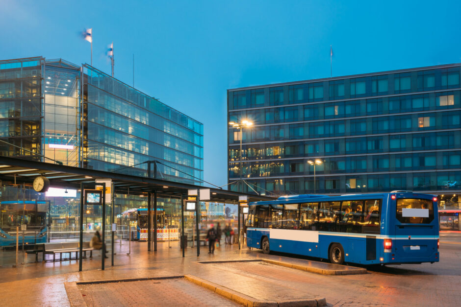 Canva Helsinki Finland. Bus Is At Stop On Helsinki Railway Square. Square Serves As Helsinki Secondary Bus Station And Main Kamppi Center Bus Station scaled